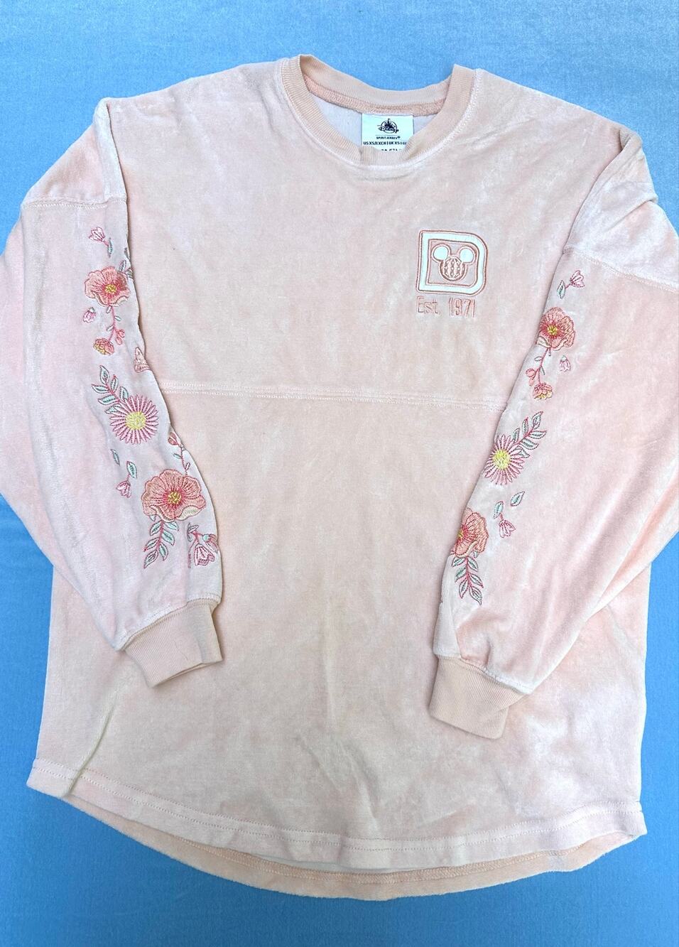 Disney World Spirit Jersey XS Peach Velour Floral Embroidered Pink Walt 1971